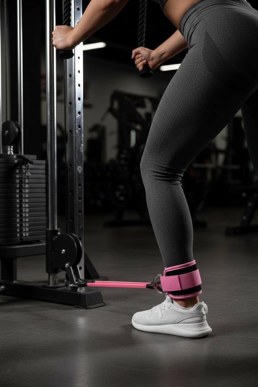 Ankle strap on person at cable machine