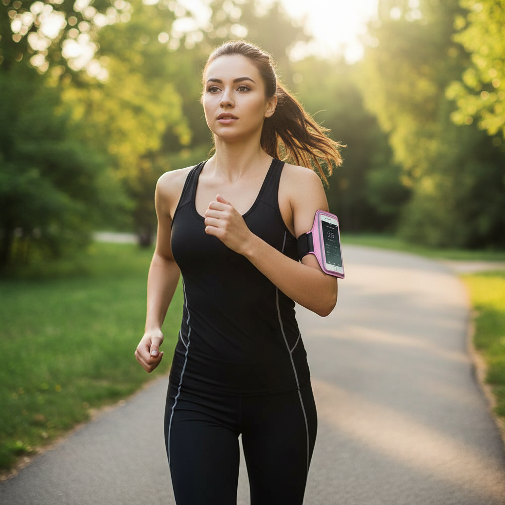Person wearing light pink sports armband while running outdoors